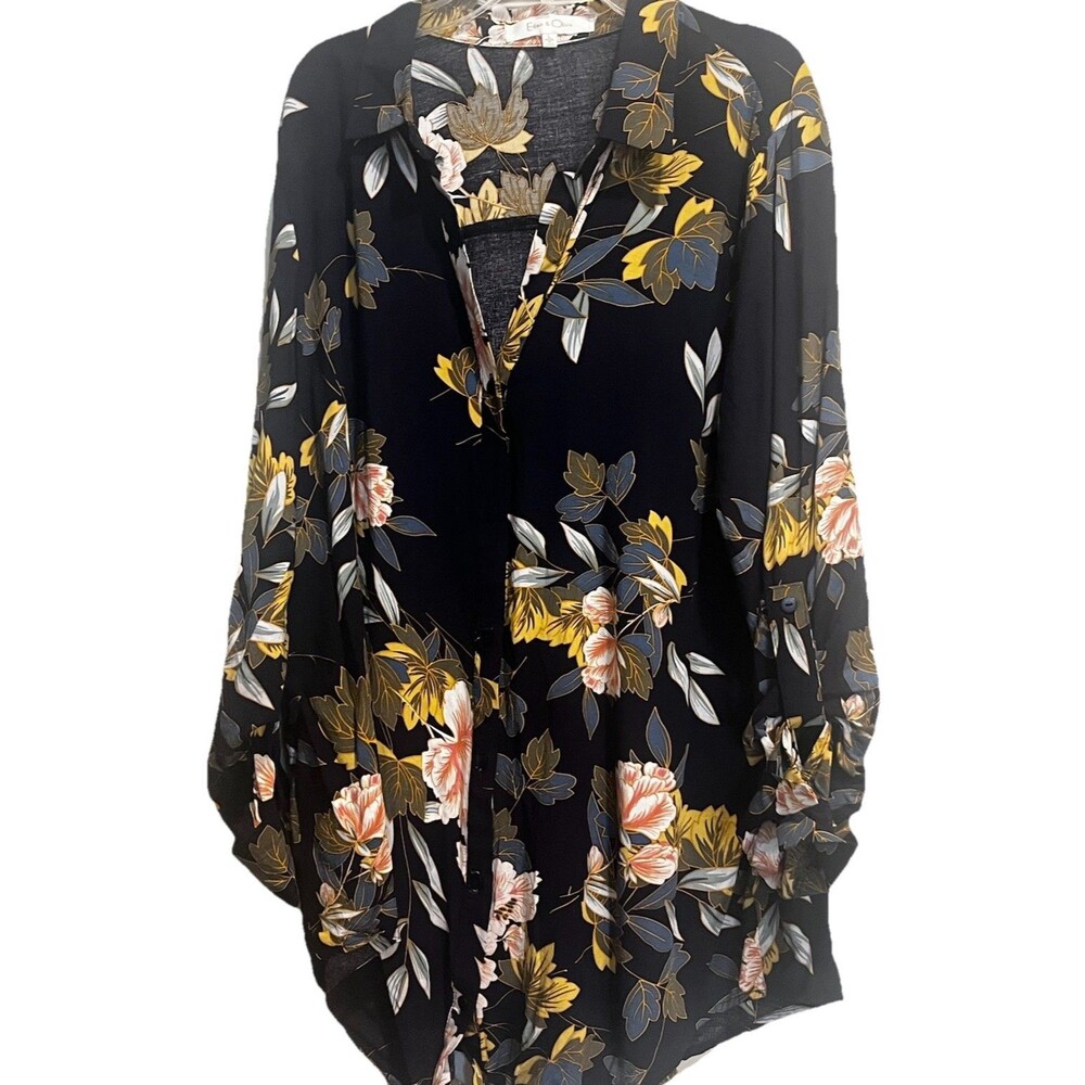 Eden & Olivia Women’s L Navy Background Leaf Print Tie Waist Long Tab Sleeve